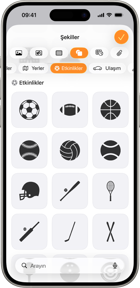 Tablo, grafik, şekil ve ortam eklemek için en üstte yer alan düğmelerle Ekle menüsü. Şekiller seçilir ve menüsü solda bir Arama düğmesi ile kategoriler satırını gösterir. Aktiviteler kategorisi seçili ve alt tarafta şekiller görünüyor.