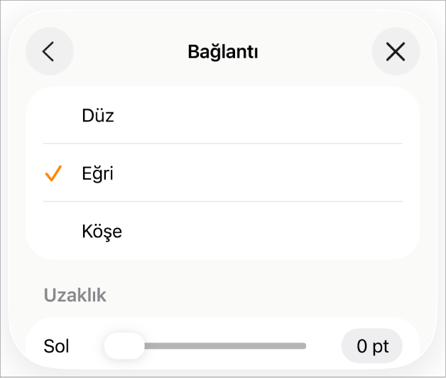Eğri seçili olan Bağlantı denetimleri.