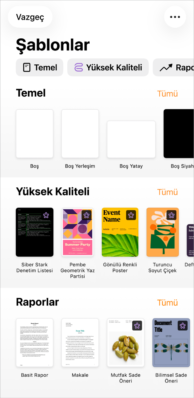 En üstte Yazmaya Başla ve Bir Şablon Seçin seçenekleri ve en altta son kullanılan belgelerle Pages’ın hoş geldiniz ekranı.