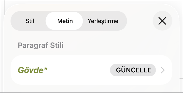 Yanında yıldız olan Gövde paragraf stili.