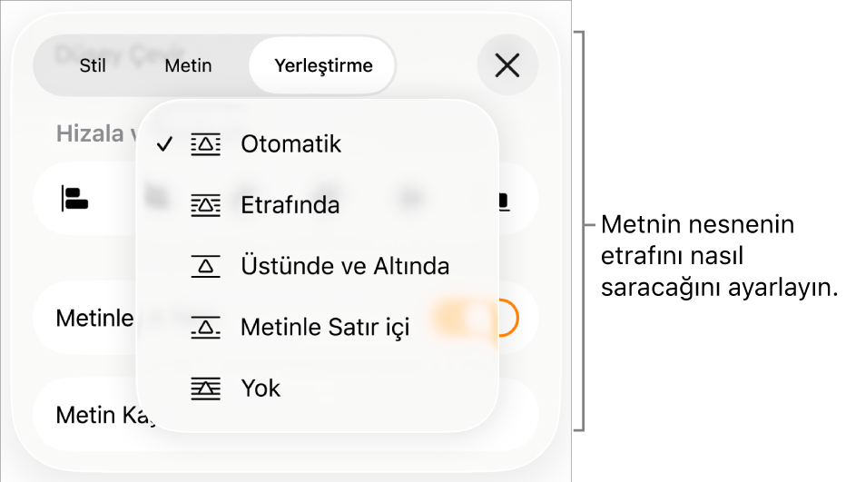 Otomatik, Etrafında, Üstünde ve Altında, Metinle Satır İçi ve Yok ayarlarını içeren Metin Kaydırma denetimleri.