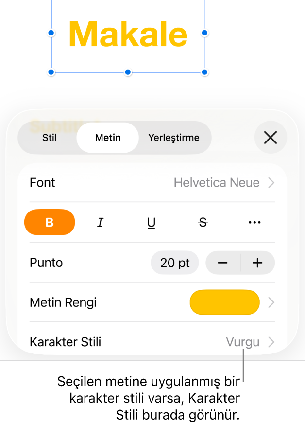 Renk denetimlerinin altında Karakter Stili ile Metin biçimleme denetimleri. Karakter stili olarak yanında yıldızla Yok görünüyor.