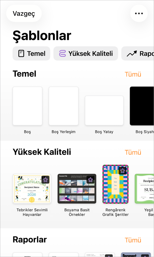 Üst taraf boyunca seçenekleri filtrelemek için dokunabileceğiniz kategori satırını gösteren şablon seçici. Altta, kategoriye göre satırlar halinde düzenlenmiş önceden tasarlanmış şablonların küçük resimleri yer alır; en üstte Yeni ile başlar, ardından Son Kullanılanlar ve Temel gelir. Yukarıda ve her bir kategori satırının üstünde Tümünü Gör düğmesi görünür. Dil ve Bölge düğmesi sağ üst köşededir.