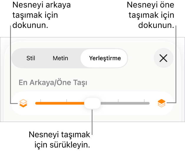 Geri Taşıma düğmesi, İleri Taşıma düğmesi ve katmanlama sürgüsü.