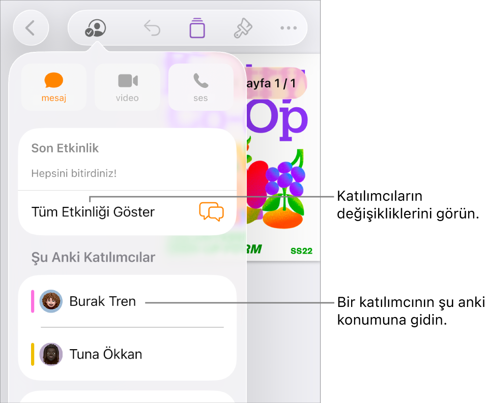 Ortak çalışma menüsünde güncel katılımcılar listeleniyor.