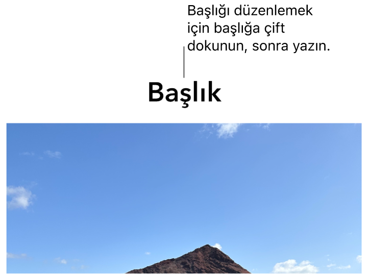 Yer tutucu başlık (“Başlık”) bir fotoğrafın altında görünür, başlık alanının çevresindeki mavi kontur resim yazısının seçildiğini gösterir.