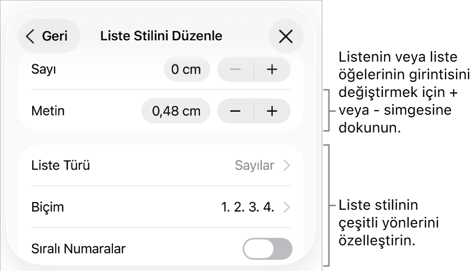 Girinti aralığı, liste türü ve biçimi, katmanlı sayılar ve satır aralığı ile Liste Stilini Düzenle menüsü.