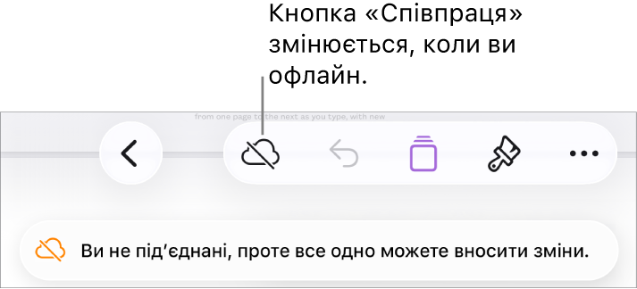 Кнопки вгорі екрана з кнопкою «Співпраця», заміненою на значок хмарки з діагональною лінією. Попередження на екрані «Ви офлайн, утім ви досі можете редагувати».