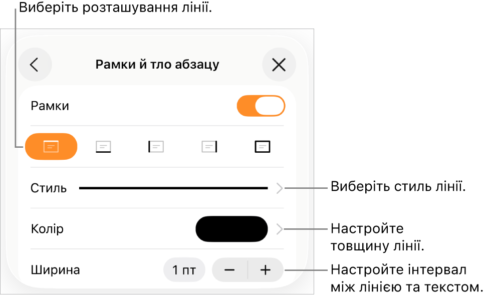 Елементи керування стилем, товщиною, положенням та кольором лінії.