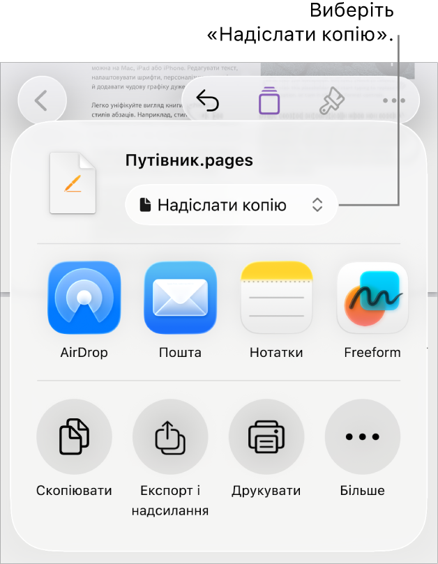 Меню «Поширення», у якому вгорі вибрано елемент «Поширити копію».