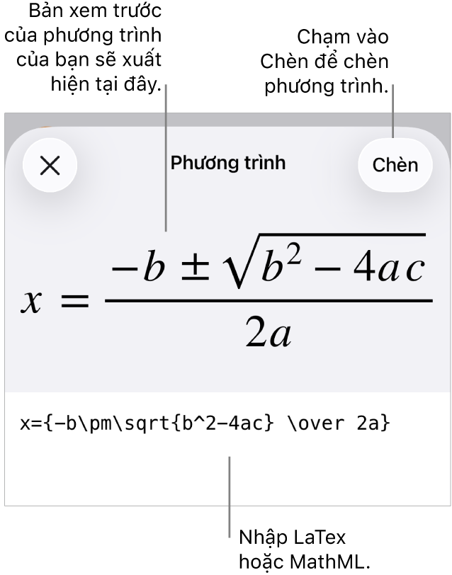 Hộp thoại Phương trình, đang hiển thị phương trình được viết bằng các lệnh MathML và bản xem trước của công thức ở bên trên.