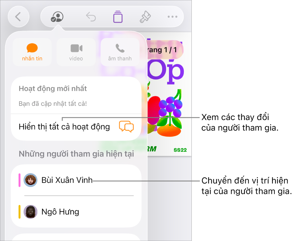 Menu cộng tác có những người tham gia hiện tại được liệt kê.