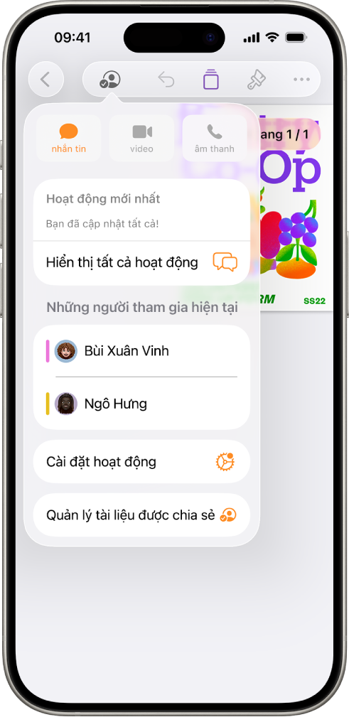 Menu cộng tác đang hiển thị tên của những người đang cộng tác trên tài liệu.