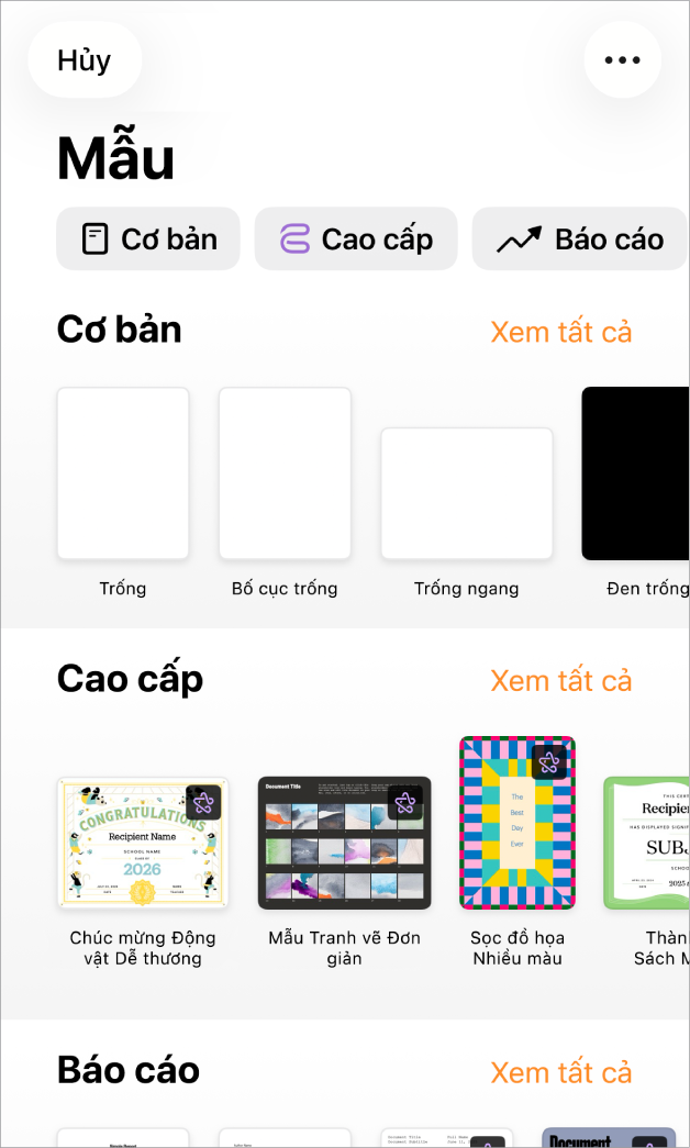 Bộ chọn mẫu, đang hiển thị một hàng các danh mục dọc trên cùng mà bạn có thể chạm để lọc các tùy chọn. Bên dưới là các hình thu nhỏ của các mẫu được thiết kế sẵn được sắp xếp theo các hàng theo danh mục, bắt đầu với Mới ở trên cùng và theo sau là Gần đây và Cơ bản. Nút Xem tất cả sẽ xuất hiện phía trên và ở bên phải của từng hàng danh mục. Nút Ngôn ngữ và Vùng ở góc trên cùng bên phải.