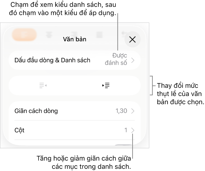 Phần Dấu đầu dòng & Danh sách của điều khiển Định dạng với các chú thích đến Dấu đầu dòng & Danh sách, các nút thụt lề và nhô lề và các điều khiển giãn cách dòng.