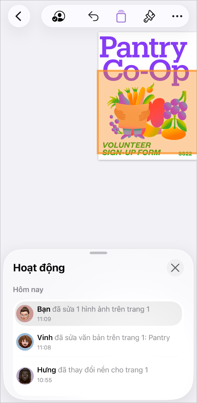 Menu cộng tác có những người tham gia hiện tại được liệt kê.