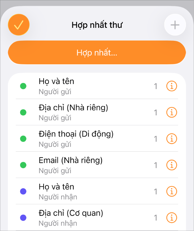 Các trường hợp nhất được liệt kê trong menu Hợp nhất thư.