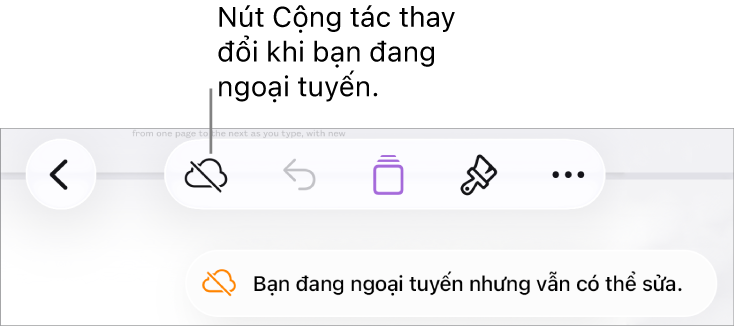Các nút ở đầu màn hình, với nút Cộng tác được thay đổi thành đám mây với đường chéo xuyên qua. Cảnh báo trên màn hình cho biết “Bạn đang ngoại tuyến nhưng vẫn có thể sửa”.