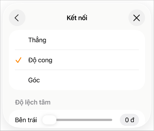 Các điều khiển Kết nối với Cong được chọn.