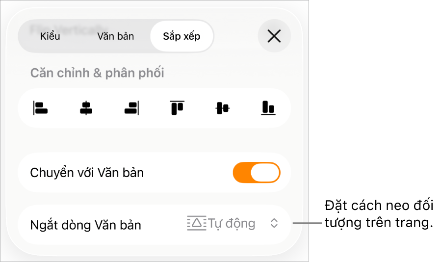 Các điều khiển Sắp xếp với Chuyển với văn bản và Ngắt dòng văn bản.