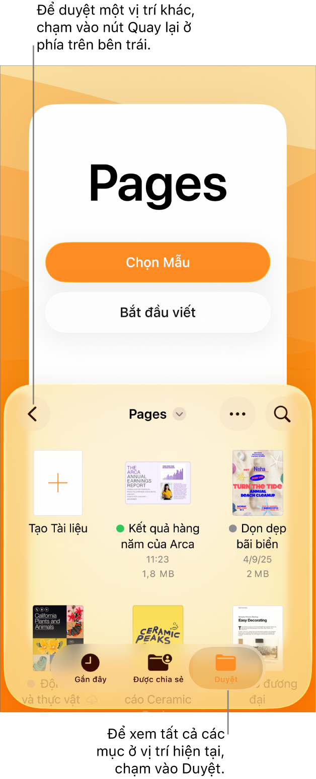 Chế độ xem duyệt của trình quản lý tài liệu với nút Quay lại ở góc trên cùng bên trái và bên dưới là trường Tìm kiếm. Bên dưới trường Tìm kiếm là nút Tạo tài liệu bên cạnh các hình thu nhỏ của các tài liệu hiện có. Ở góc trên cùng bên phải là các nút Gần đây, Được chia sẻ và Duyệt.