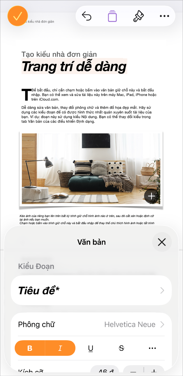 Trong tài liệu đang mở, văn bản được chọn và các tùy chọn văn bản được hiển thị ở dưới cùng.
