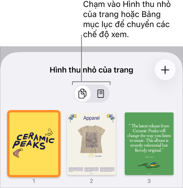 Chế độ xem Hình thu nhỏ của trang với các hình ảnh thu nhỏ của từng trang. Nút Hình thu nhỏ của trang và nút Bảng mục lục ở cuối màn hình.