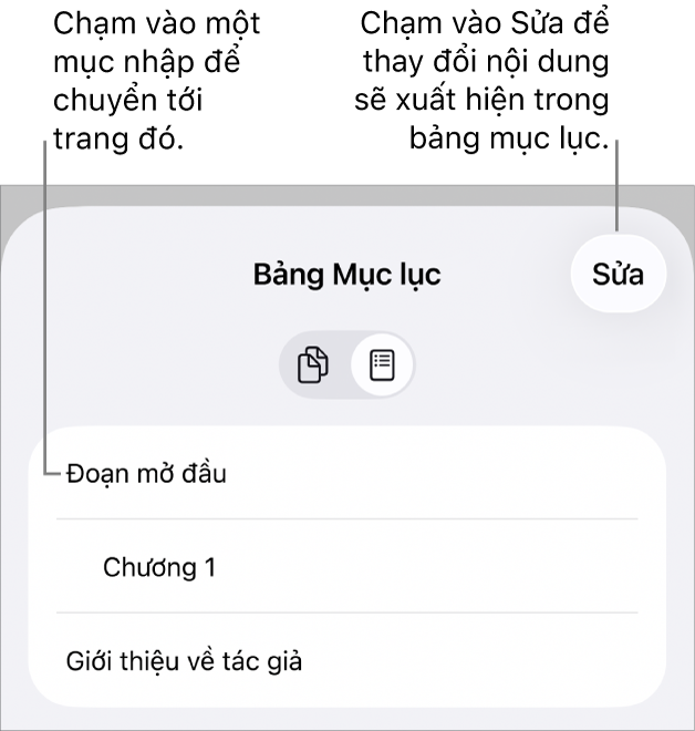 Chế độ xem bảng mục lục với các đề mục trong danh sách. Nút Sửa ở góc trên cùng bên phải và ở dưới cùng là các nút Hình thu nhỏ của trang và Bảng mục lục.