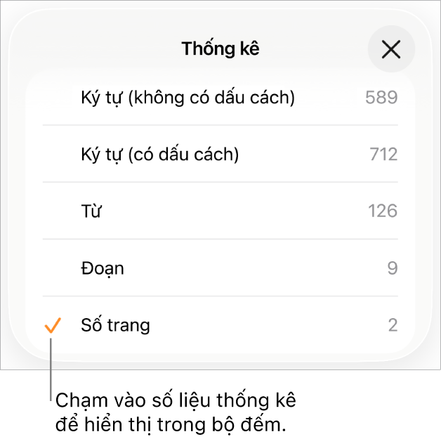 Menu Thống kê đang hiển thị các tùy chọn để hiển thị số lượng ký tự có và không có dấu cách, số từ, số đoạn và số trang.
