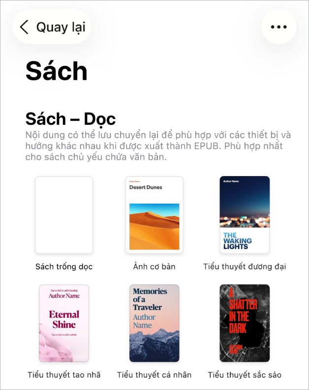 Bộ chọn mẫu với các mẫu sách hướng dọc ở đầu và hướng ngang ở bên dưới.