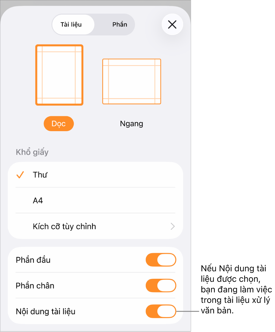Thiết lập tài liệu mở ra với Nội dung tài liệu được chọn trong tài liệu soạn thảo văn bản.