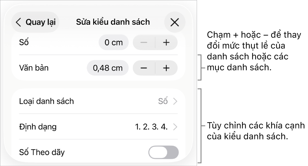Menu Sửa kiểu danh sách với các điều khiển cho giãn cách thụt lề, kiểu và định dạng danh sách, đánh số tiếp tục và giãn cách dòng.
