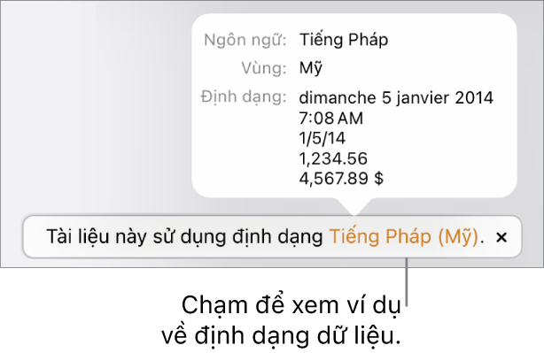 Thông báo về cài đặt ngôn ngữ và vùng khác, đang hiển thị các ví dụ về định dạng trong ngôn ngữ và vùng đó.