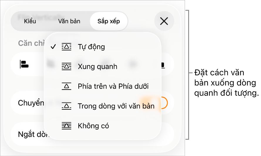 Các điều khiển Ngắt dòng văn bản với cài đặt Tự động, Xung quanh, Phía trên và Phía dưới, Trong dòng với văn bản và Không có.