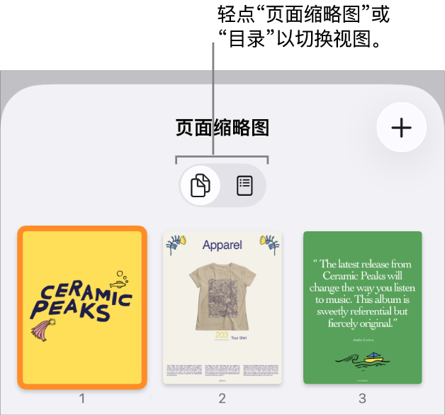 “页面缩略图”视图,包含每页的缩略图图像。屏幕底部是“页面缩略图”按钮和“目录”按钮。