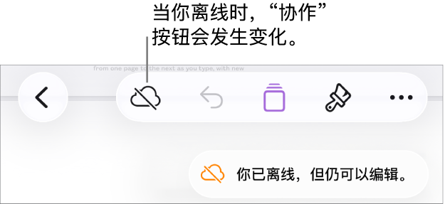 屏幕顶部的按钮,“协作”按钮已变成带有对角线的云图标。屏幕上的提醒显示:“你已离线,但仍可以编辑。”