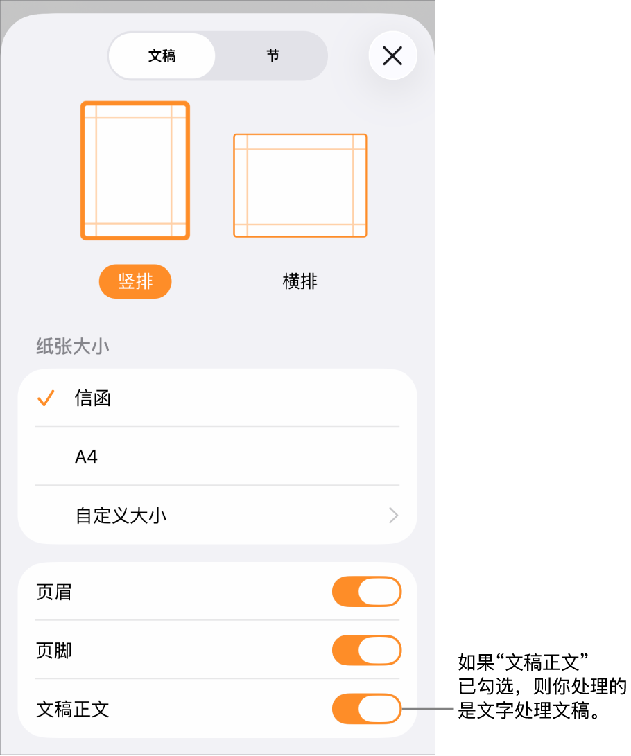 文字处理文稿中的“文稿设置”已打开,其中“文稿正文”已勾选。