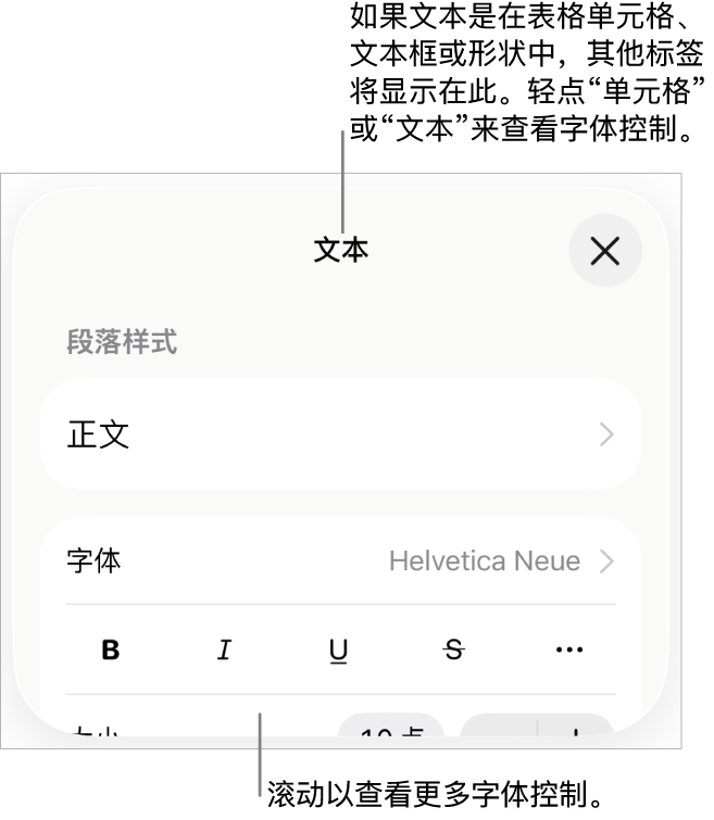 “格式”菜单中的“文本”控制，用于设定段落和字符样式、字体、大小和颜色。