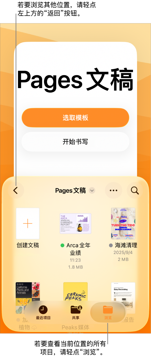 文稿管理器的浏览视图,“返回”按钮位于左上角,其下方是搜索栏。搜索栏下方是“创建文稿”按钮,位于现有文稿的缩略图旁边。右上角是“添加文稿”按钮和“更多”按钮。屏幕底部是“最近使用”、“共享”和“浏览”按钮。