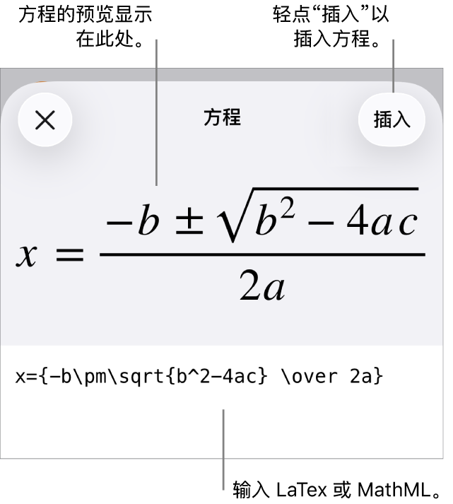 “方程”对话框，显示使用 MathML 命令所写的方程，以及上方公式的预览。