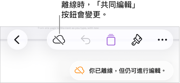 螢幕最上方的按鈕,其中「共同編輯」按鈕已變成被對角線劃過的雲朵圖像。螢幕上的警示顯示「你已離線,但仍可進行編輯。」