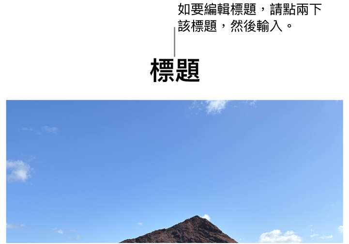 標題説明,「標題」在相片下方顯示,標題欄位周圍顯示藍色外框代表其已被選取。
