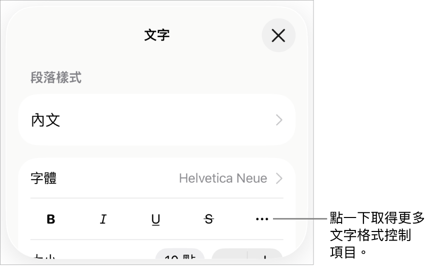 「格式」控制項目的「文字」分頁,附有文字説明指向「更多文字選項」按鈕。