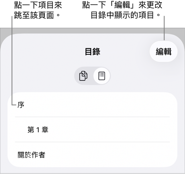 目錄顯示方式,列表中列出各個標題。「編輯」按鈕位於右上角,「頁面縮圖」和「目錄」按鈕位於底部。