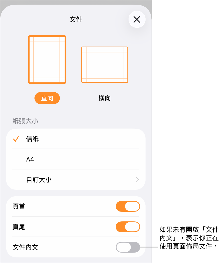 「文件設定」已開啟,其中頁面佈局文件已取消剔選「文件內文」。