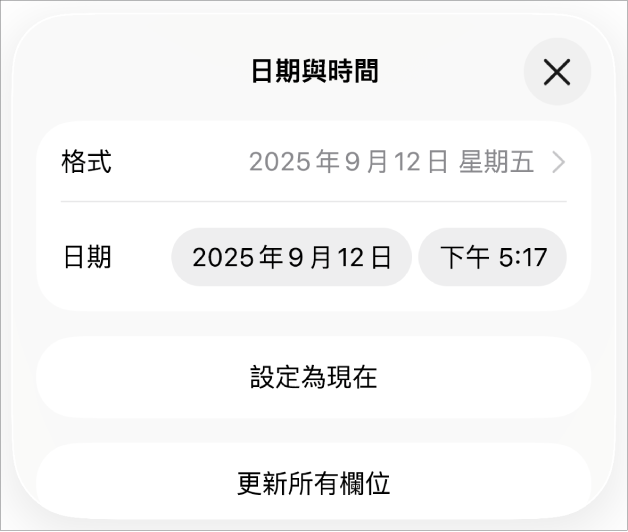 「日期與時間」控制項目,顯示日期「格式」的彈出式選單,以及「設為現在」按鈕和「更新所有欄位」按鈕。