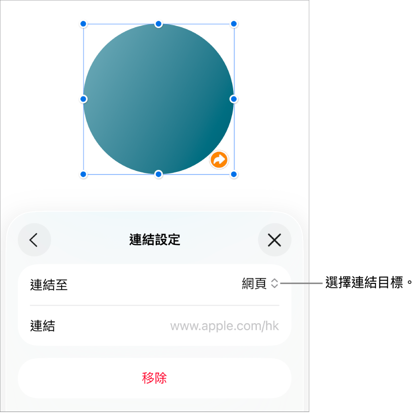 「連結設定」控制項目，其中已選取「網頁」，而「移除」按鈕則位於底部。