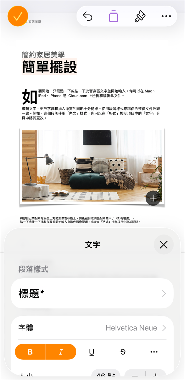 在開啟的文字中，選擇文字，然後文字選項在底部顯示。