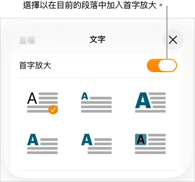 「首字放大」控制項目位於「文字」選單。