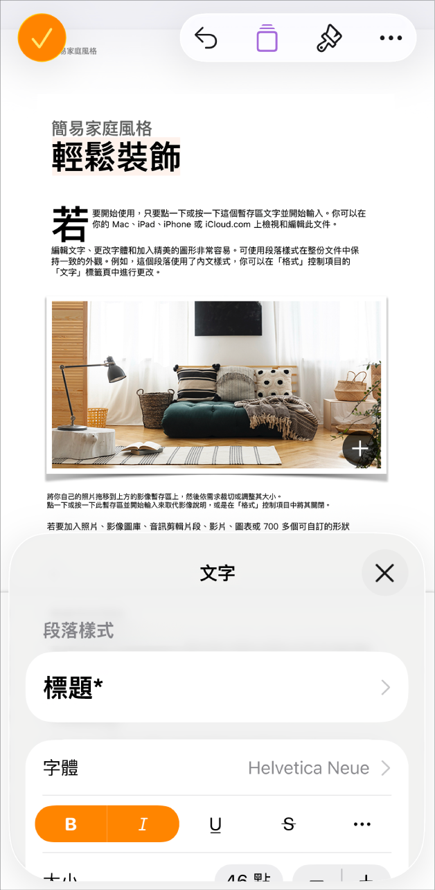 在開啟的文件中,選取了文字並在底部顯示文字選項。